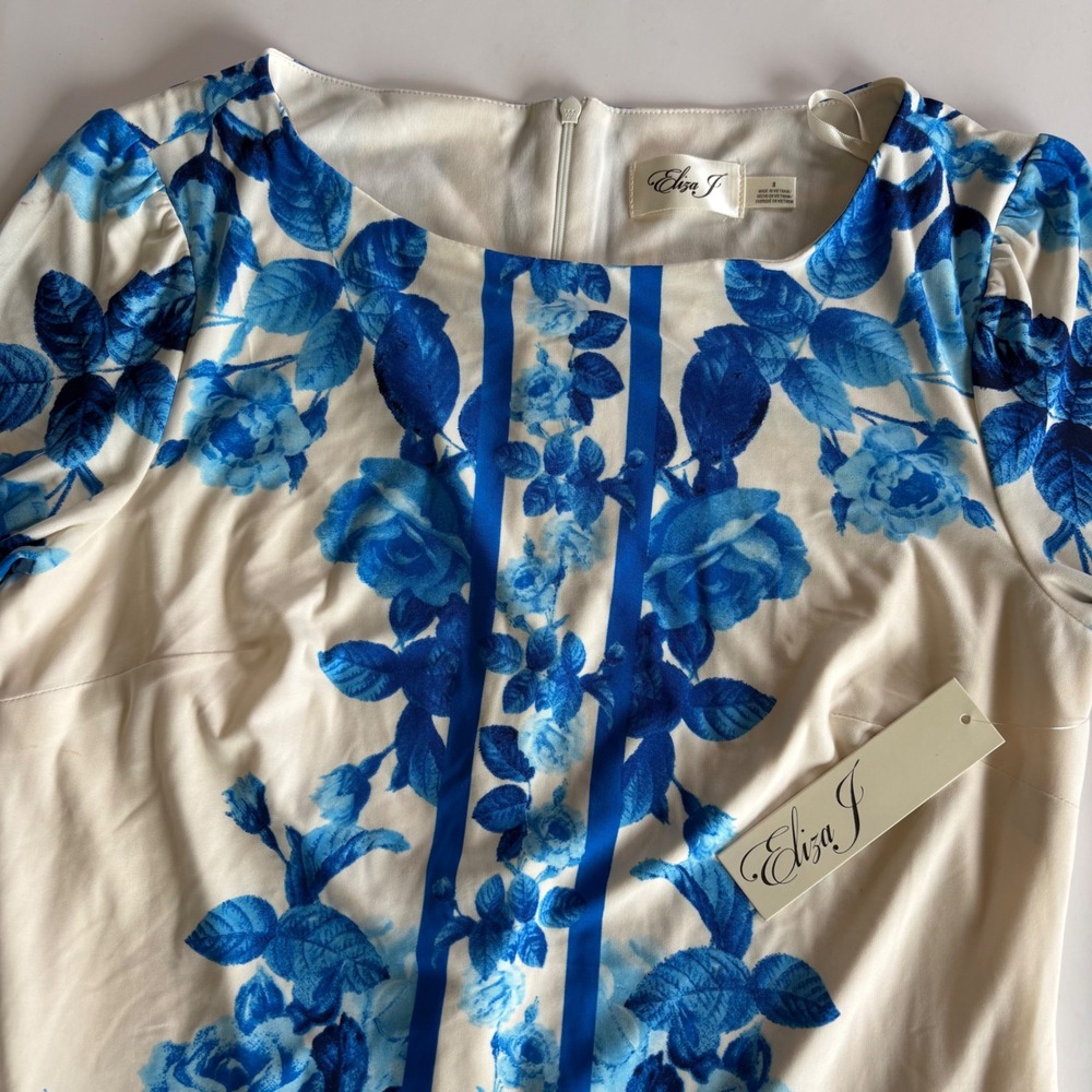 Eliza J Women's 8 Cream Blue Floral Border Print Sheath Dress Ballet Neck